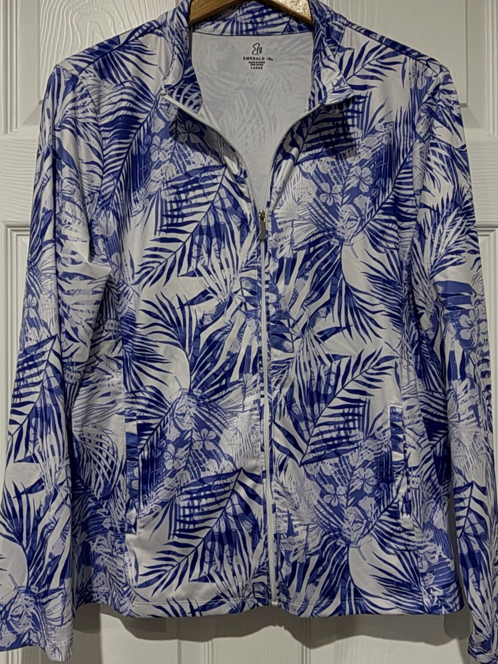 Women's Size Large Emerald 18 Blue & White Palm-Print Zip Jacket
